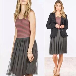 Matilda Jane T'was The Night Dress Medium Red Striped Gray Mesh Tulle Midi Dress